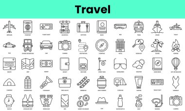 Seyahat ikonları. Doğrusal biçim simgesi paketi. Vektör İllüstrasyonu