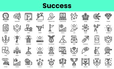 Başarı simgeleri. Doğrusal biçim simgesi paketi. Vektör İllüstrasyonu