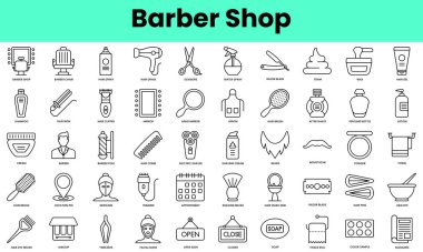 Berber dükkanı ikonları. Doğrusal biçim simgesi paketi. Vektör İllüstrasyonu