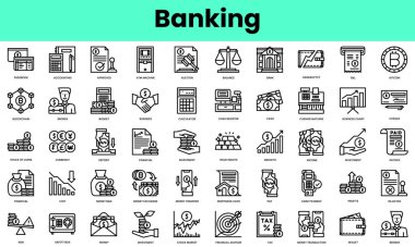 Bir dizi bankacılık ikonu. Doğrusal biçim simgesi paketi. Vektör İllüstrasyonu