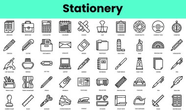 Kırtasiye simgeleri seti. Doğrusal biçim simgesi paketi. Vektör İllüstrasyonu