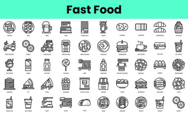 Bir grup fast food ikonu. Doğrusal biçim simgesi paketi. Vektör İllüstrasyonu