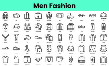 Bir grup erkek moda ikonları. Doğrusal biçim simgesi paketi. Vektör İllüstrasyonu