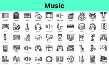 Müzik ikonları. Doğrusal biçim simgesi paketi. Vektör İllüstrasyonu
