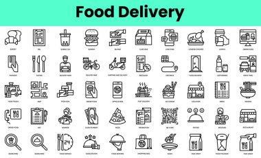 Yemek dağıtım ikonları. Doğrusal biçim simgesi paketi. Vektör İllüstrasyonu