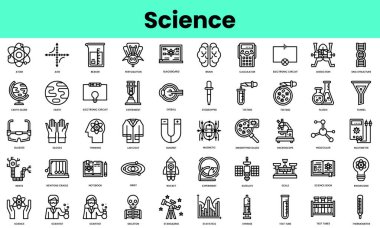 Bir dizi bilim ikonu. Doğrusal biçim simgesi paketi. Vektör İllüstrasyonu