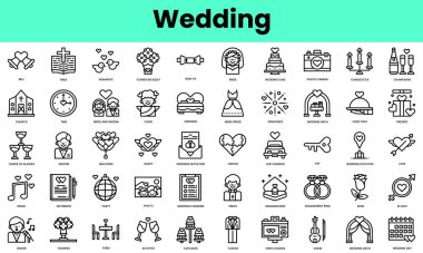 Düğün ikonları. Doğrusal biçim simgesi paketi. Vektör İllüstrasyonu