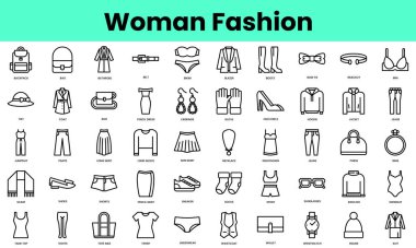 Kadın moda ikonları. Doğrusal biçim simgesi paketi. Vektör İllüstrasyonu