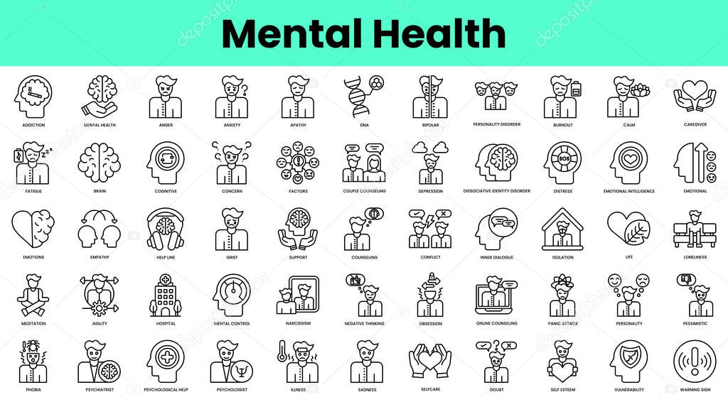 Set of mental health icons. Linear style icon bundle. Vector Illustration