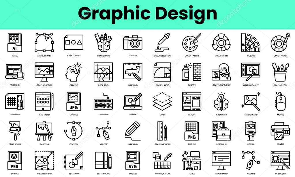 Set of graphic design icons. Linear style icon bundle. Vector Illustration