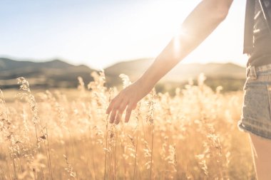 Bir kadın yaz günü kırsalda çimlerin üzerinde yürüyor.