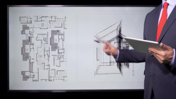 Αρχιτέκτονας Εργάζεται Σχέδια Και Σχεδιαγράμματα Στην Οθόνη — Αρχείο Βίντεο