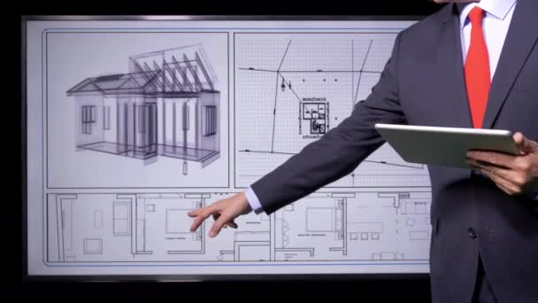 Αρχιτέκτονας Εργάζεται Σχέδια Και Σχεδιαγράμματα — Αρχείο Βίντεο