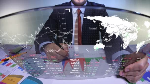 Trader Ser Globala Data Futuristisk Skärm — Stockvideo