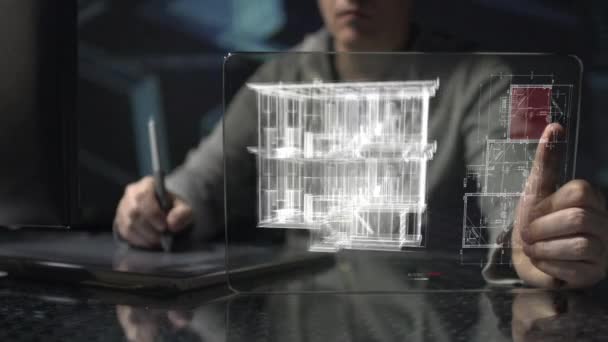 Architetto Con Tablet Digitale Con Cianografie — Video Stock