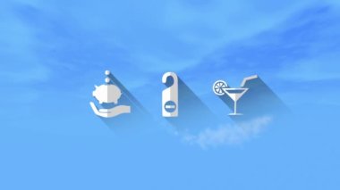 Travel Icon Symbols with Travel Title on a blue cloudy sky.  Icons include many travel agency services, such as hotels, air flights, car rentals, bus tours, insurance cruises services, and more!