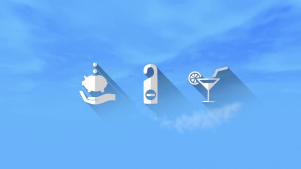 Travel Icon Symbols Travel Title Blue Cloudy Sky Icons Include — Vídeos de Stock