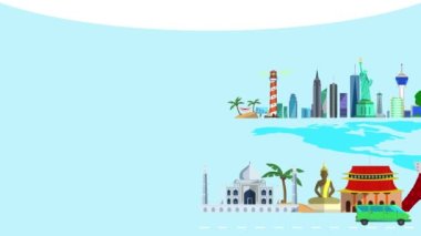 Düz dizayn hisse senedi animasyonu. Dünyayı gezmek ve uçuşlar ve seyahatler kullanarak ünlü İndirim ve Anıtlar üzerine.!