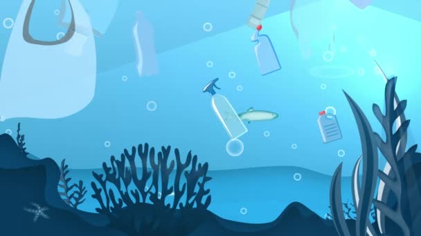 Ocean Sea Plastics Pollution. A stock motion graphics footage on the pollution created in Earth's oceans with plastic wastes (single-use water bottles, straws, bags, coffee cups etc)