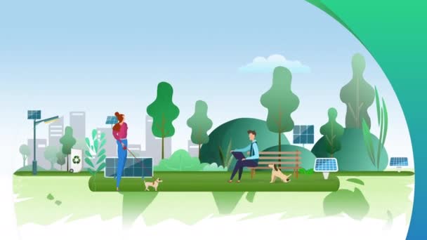 風力エネルギーと太陽エネルギー 2バージョンA 太陽光パネル 風力発電機 そしてたくさんの木や植物が装備されている環境に優しい公園で緑色になることの2Dアニメーション 緑豊かな環境で暮らす都市 — ストック動画