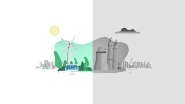 Güneş enerjisi, rüzgar enerjisi, yeşil hidrojen, kirletici kaynakların (karbon, petrol ve fosil yakıtların) yerini alan temiz ve yenilenebilir enerji kaynakları üzerine animasyon ve daha temiz bir çevre ve sürdürülebilir bir dünya gezegeni.