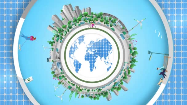 绿色能源 生态概念2D平面设计的生态城市的运动图形 具有可持续的可再生能源和风能资源 循环利用 电动汽车和火车 自行车 以及大量的绿色树木和植物 带和不带风车的版本 — 图库视频影像