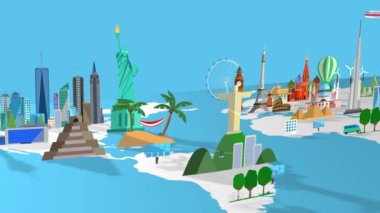 Küresel hedeflere ve uluslararası ünlü eserlere yapılan seyahatler hakkında 2d düz tasarım grafikleri!