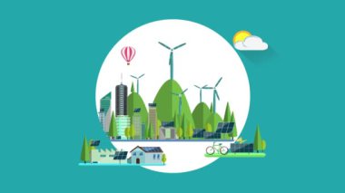 Bir şehir ve bireysel fabrikaları ve evleri çalıştırmak için temiz yeşil yenilenebilir enerji kaynakları güneş pili tesisleri ve yel değirmeni güç jeneratörlerini seçen bir insan eliyle hisse senedi animasyonu. 3 renk paketi.