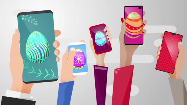 Platt Design Animation Med Mobiltelefoner Som Delar Påskägg Och Hälsningar — Stockvideo