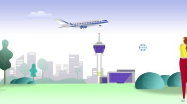 Online Air Traveling ve uçuş biletleri ve elektronik turistik hizmetler için 2D modern düz dizayn konsept stok hareket grafikleri dosyası. Dijital teknolojinin kullanımıyla ünlü dünya simgeleri, anıtlar ve şehirler!