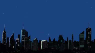 Bağımsızlık Günü (4 Temmuz) kutlamalarında ABD 'nin gökdelenleri üzerinde havai fişekler ve havai fişeklerle 2d düz tasarım partiyotik hareketler grafikleri! ABD bayrağıyla Bağımsızlık Günü Ağzı