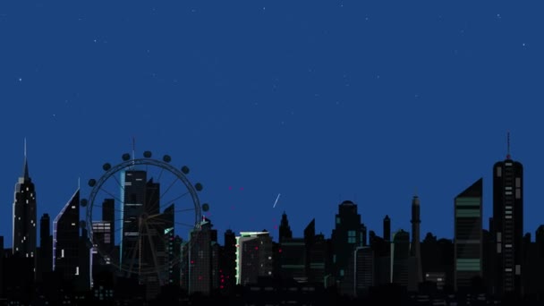 独立記念日 7月4日 の2Dフラットデザインの部分的なモーショングラフィックス 米国の高層ビル都市の上空の夜の花火やピクニックで 7月4日 アメリカンフラッグの色と星でハッピー — ストック動画
