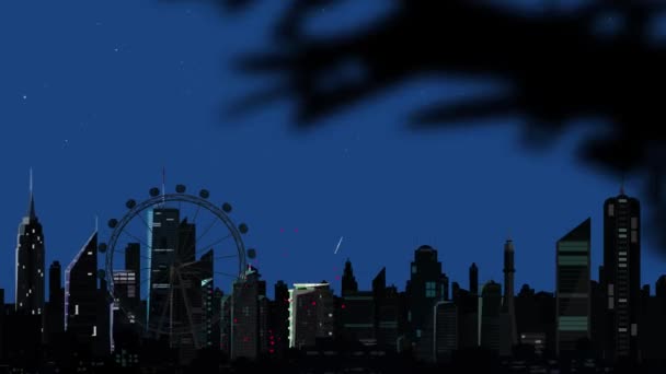 7月4日のタイトル 独立記念日 7月4日 の2Dフラットデザインの部分的なモーショングラフィックス 米国の高層ビル都市の上空の夜の花火とピクニック — ストック動画