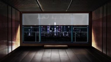 Modern bir gökdelen şehri manzaralı bir daire ya da ofis alanına 3 boyutlu zoom! 3 klip sürümü: Kör olsun ya da olmasın ve 