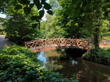  Parktaki nehrin üzerindeki ahşap köprü