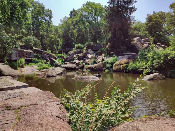 Краєвид Річковими Каменями Качками Парку — стокове фото