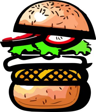 Big Hamburger on White Background, Vector Illustration. This vector art showcases a mouth-watering illustration of a big hamburger, complete with juicy patty, fresh lettuce, melted cheese, and other tasty toppings.