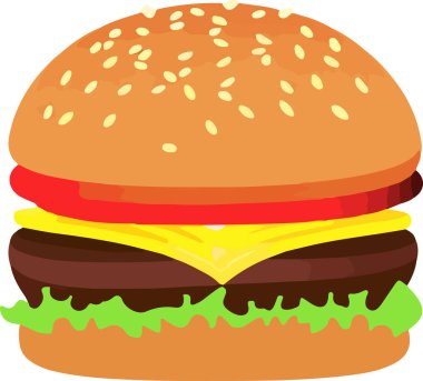 Realistic Cheeseburger Illustration with Sesame Seeds. This vector art depicts a mouth-watering, juicy cheeseburger complete with sesame seeds on the bun. The burger is realistically rendered with all the elements such as cheese, lettuce, tomato.