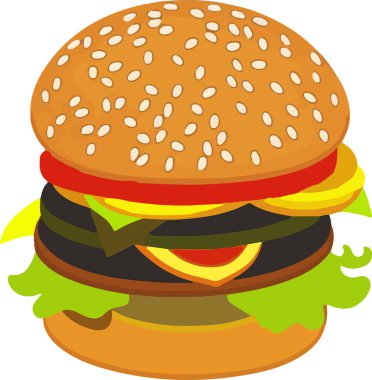 Realistic Cheeseburger Illustration with Sesame Seeds. This vector art depicts a mouth-watering, juicy cheeseburger complete with sesame seeds on the bun. The burger is realistically rendered with all the elements such as cheese, lettuce, tomato.
