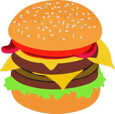 Realistic Cheeseburger Illustration with Sesame Seeds. This vector art depicts a mouth-watering, juicy cheeseburger complete with sesame seeds on the bun. The burger is realistically rendered with all the elements such as cheese, lettuce, tomato.