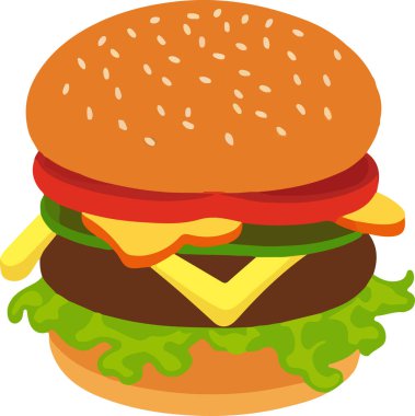 Realistic Cheeseburger Illustration with Sesame Seeds. This vector art depicts a mouth-watering, juicy cheeseburger complete with sesame seeds on the bun. The burger is realistically rendered with all the elements such as cheese, lettuce, tomato.