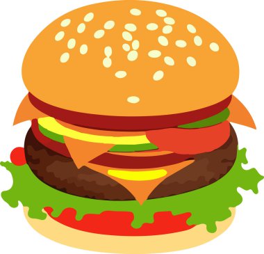 Realistic Cheeseburger Illustration with Sesame Seeds. This vector art depicts a mouth-watering, juicy cheeseburger complete with sesame seeds on the bun. The burger is realistically rendered with all the elements such as cheese, lettuce, tomato.