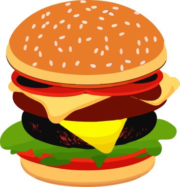 Realistic Cheeseburger Illustration with Sesame Seeds. This vector art depicts a mouth-watering, juicy cheeseburger complete with sesame seeds on the bun. The burger is realistically rendered with all the elements such as cheese, lettuce, tomato.