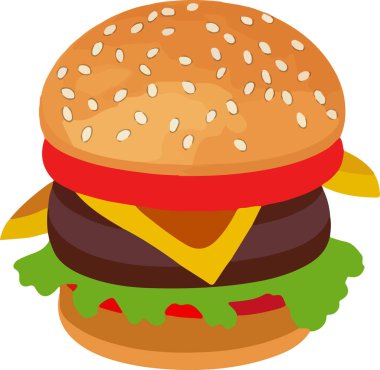 Realistic Cheeseburger Illustration with Sesame Seeds. This vector art depicts a mouth-watering, juicy cheeseburger complete with sesame seeds on the bun. The burger is realistically rendered with all the elements such as cheese, lettuce, tomato.
