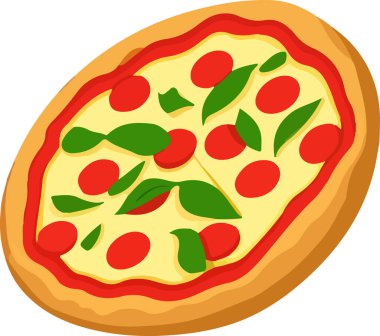 Delicious Pizza with Tomato and Mozzarella. Vector Illustration. This vector art features a mouth-watering pizza topped with fresh tomato and melted mozzarella cheese, with a crispy crust and golden brown edges. The design is perfect for food.