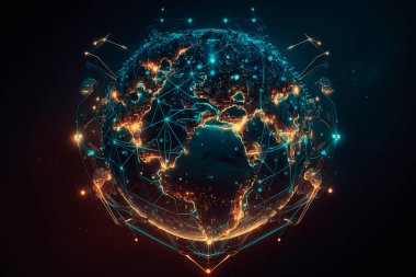 Gelecekten gelen gezegen. Dünya üzerindeki küresel ağ ve telekomünikasyon kripto para birimi ve engelleme zinciri