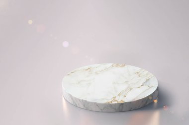 Kozmetik ürün sunumu için beyaz yuvarlak mermer podyum. Moda güneş ışığı.