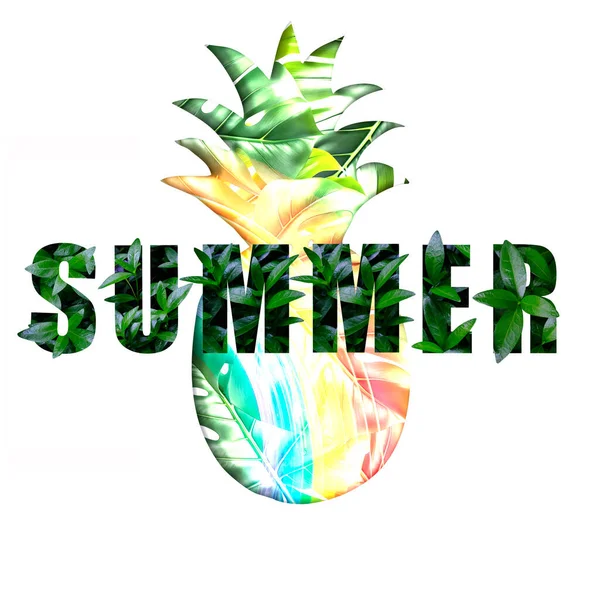Text Summer Made Green Leaves Texture Rainbow Pineapple — Stock Photo, Image