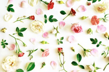 Pembe, kırmızı ve beyaz güllerden oluşan çiçek deseni, yeşil yapraklar, beyaz arka planda dallar. Düz yerde, üst tarafta. Çiçek deseni dokusu