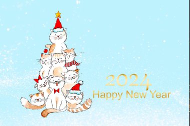 Elle çizilmiş illüstrasyon. Şirin kediler Noel şarkısı söyler